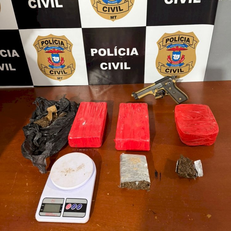 POLÍCIA CIVIL APREENDE DROGAS E PISTOLA SUSPEITA DE TER SIDO USADA EM HOMICÍDIOS EM CANARANA